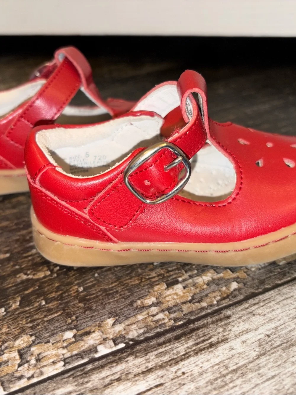 RED L'Amour leather T-strap Mary Jane feature a cutout design adjustable ankle